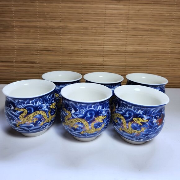 Chinese Golden Dragon Porcelain Teacups Set of 6 Double Wall Jingzhen - Picture 7 of 8